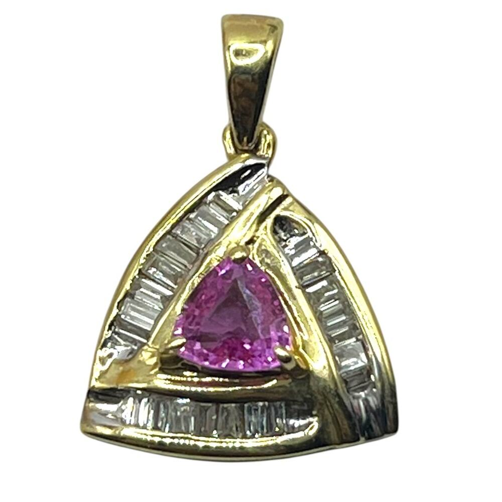 10K Yellow Gold, Pink Stone & Baguette Diamond, Triangular Pendant (15535)